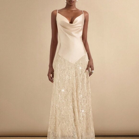 MODA ME COUTURE Dresses & Skirts - Beige Party Women's Plunging Neck Dress With Sequin Fringe Trim